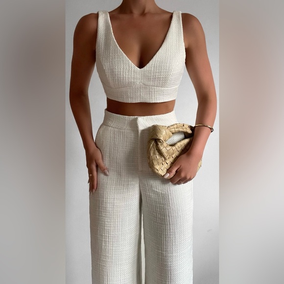 ADELAIDE TWO PIECE SET - CROP TOP AND WIDE LEG PANTS SET IN WHITE - Picture 1 of 3